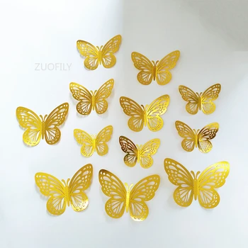 12 бр. Етикети 3D Златната Роза, Розова кристална пеперуда, стикер на стената, красива пеперуда за детска стая, стикер за стена, декори за домашни партита