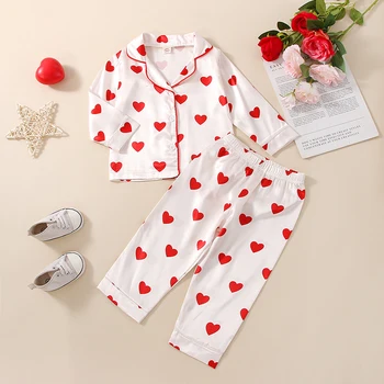 2 бр., пролетно сладка пижама за момиченца с дълъг ръкав, копчета на шията и принтом във формата на сърце, върхове за сън, домашни прави панталони за деца