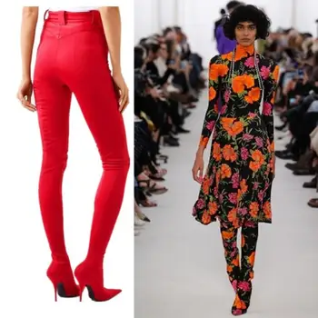 2022 Дамски обувки, с моден еластичен гащеризон с флорални принтом и остри пръсти, ботуши, секси дамски панталони, еластични, дълги ботуши на висок ток