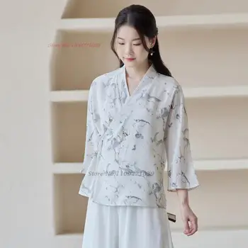 2023 върховете hanfu с китайски флорални принтом, костюм на дзен, дамски източна риза, традиционна реколта блуза чонсам, костюм в етнически стил тан