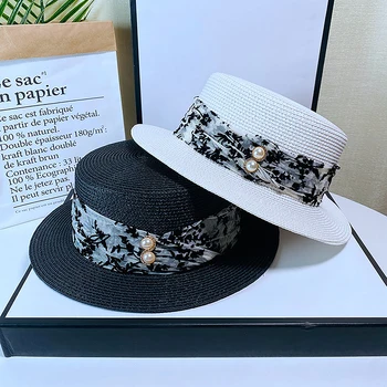 2023 Нова лятна солнцезащитная шапка за жени, модни сламена шапка с перлата на принтом, козирка, Темпераментни плоски панама, плажна шапка за почивка