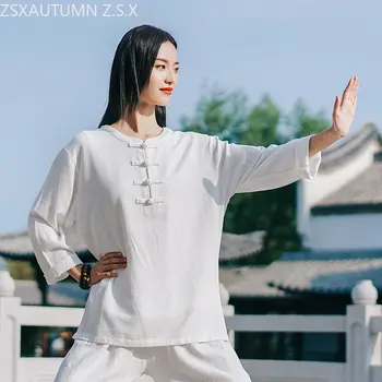 2023 Пролет Лято Памук и коноп, Порцелан топ женски ретро костюм тай-чи Дамски ежедневни свободна китайската традиционна облекло