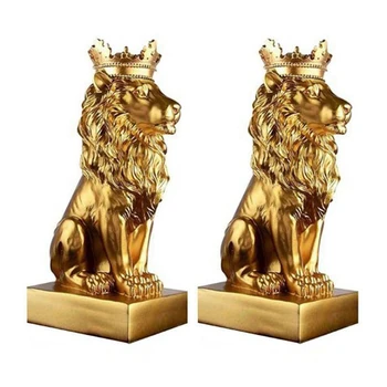 2X Абстрактна статуя на лъв в короната, домашен офис, бар, мъжки лъв, вяра, скулптура от смола, занаяти, декорация във формата на животни, бижута - злато