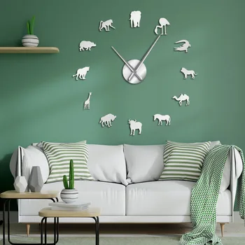 3D Африкански животни Силует Стикери за стена DIY Wall Art Тъпо Големи часовници Сафари в Дивата природа животни, Гигантски стенен декор Безшумни часовници