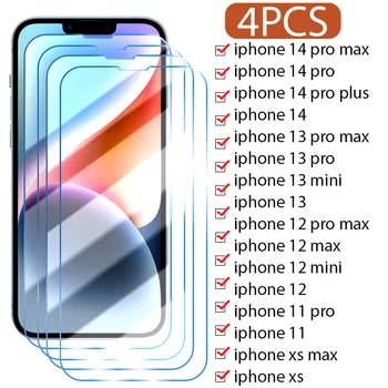 4ШТ Защитно Фолио за екрана на iPhone 14 13 12 11 Pro XR XS X Max Защитно Стъкло на iPhone 14 Pro Max 13 Mini SE 2022 Glass
