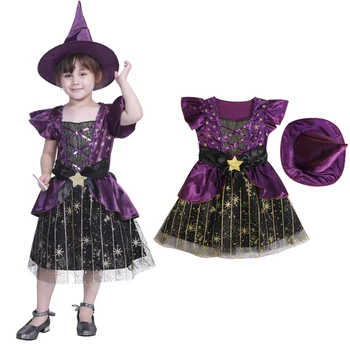 FOCUSNORM/ модно празнична рокля на Хелоуин за момичета от 4 до 12 години + шапка, 2 броя, рокля за cosplay трапецовидна форма със завързана модел