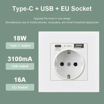 Kamanni Стенни Гнездо на ЕС, С Честота Изходи USB Type C 18 W 5 В 3A USB портове Бързо Зареждане на КОМПЮТЪРА Пожароустойчива Панел 86*86 мм