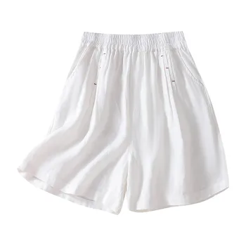 Minimalist Cotton Wide Leg Pants Shorts Female Oversized Еластични Waist Solid Shorts Lady Home Trouser шорти с висока талия