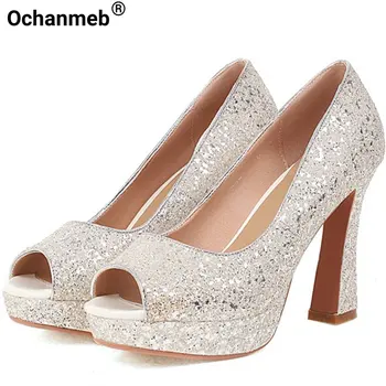 Ochanmeb, дамски обувки на висок ток 12 см, блестящи златни лодки с отворени пръсти, обувки на платформа, бродирани със сребърни пайети, дамски официални обувки за сватба
