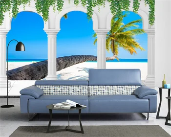 Papel de parede тапети по поръчка римска колонада плаж морски пейзаж 3d хол с телевизор, разтегателен фон рисувани стенни behang