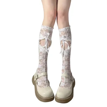Xingqing y2k, дантелени чорапогащи в стил фея гръндж, чорапогащи над коляното с лъкове, дантелени чорапи принцеса до бедрото, за момичета-мария