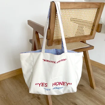 Youda/ нов стил, модни холщовые чанти с бродерия Yes Honey по рамото за жени, големи ежедневни чанти-тоут за пазаруване с двупосочна капацитет