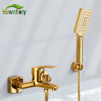 Блестящ златен комплект за душ в банята, месинг смесител за топла и студена вода, Abs Пластмаса, Мултифункционален ръчно монтиране на стена, Посуда за миене на съдове
