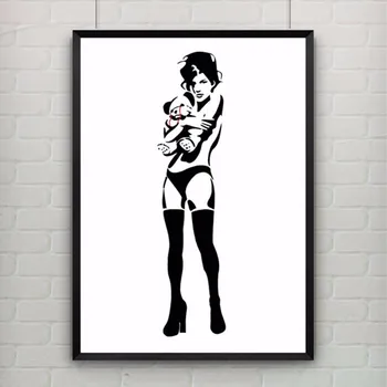 Гореща секси момиче и плюшено мече, графити, арт плакат, платно, абстрактно домашни любимци, модерно изкуство, живопис, платно, без рамка