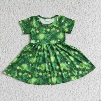 Горещи стоки на едро, летни дрехи за малките момичета с къс ръкав, детско зелена рокля с детелина