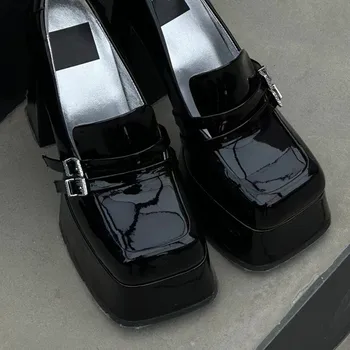 Дамски, класически обувки-лодки, модни обувки на платформа на високо масивна ток с каишка на щиколотке, новост 2023 г., модни дамски обувки Омъжи Джейн черен цвят