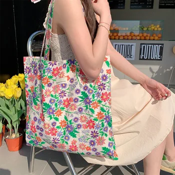 Дамски холщовая чанта с цветен модел в стил ретро, по-голямата голям дамски еко-чанта за пазаруване, дамски ежедневни чанти-тоут с цветен модел, чанти-тоут