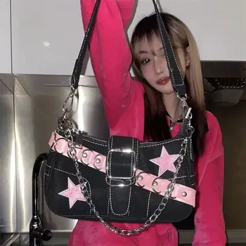 Дамски чанта през рамо, чанти под мишниците за момичета Pink Star y2k, модни чанти-тоут от матова кожа, дизайн на веригата, дамски портмонета и чанти