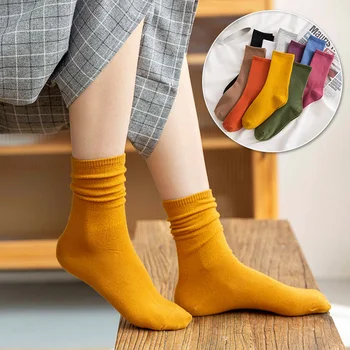 Дамски чорапи с ярки цветове, модерен есенен тренд, обикновена дишащи памучни чорапи, меки ежедневни чорапи за всеки ден