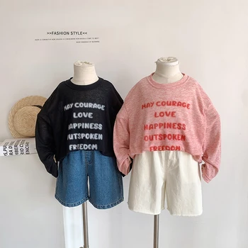 Детски дрехи, детска тениска 2023, пролет-лято, нови корейски стилове, слънцезащитен крем с писмото принтом за момчета и момичета, красива тънка тениска