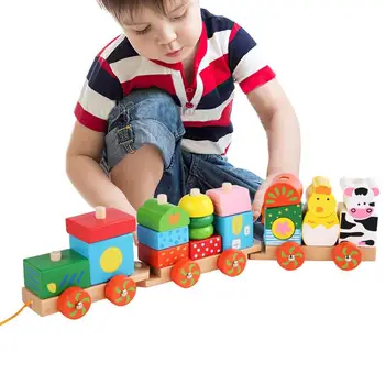 Дървен влак за животни, комплект дървени играчки, строителни блокове за ферма влакове, интелигентно образование на деца, строителни играчки за ранно образование