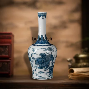 Керамична ваза Цзиндэчжэнь, Ръчно рисувана в бяло-сини тонове, Пещ за печене на дърво, Порцелан бутилка, Стелажи за всекидневната, изделия за украса