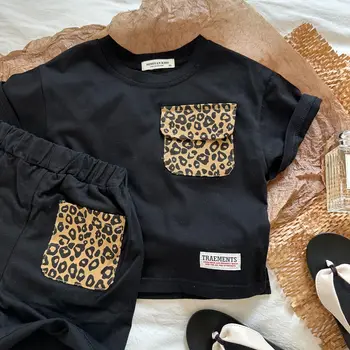 Комплект дрехи за момчета 2023 г., Нов модерен пролетно-летния тънък комплект с джобове за момчета с леопардовым принтом, стръмни красив комплект от две части