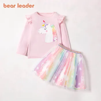 Комплекти дрехи за момичета Bear Leader, новата пролетно-есенна тениска с дълги ръкави и шарките на пони с анимационни герои за момичета + ярка пола-шал, сладък костюм от 2 теми