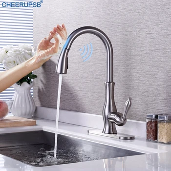 Кухненска мивка Интелигентен сензорен кран с Автоматичен сензор Месинг кран за определяне на палубата, опускной кран, Луксозни кранове, въртящи се кранове с капак с дупка