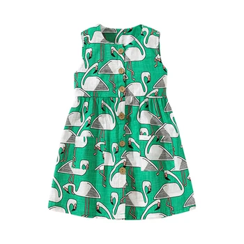 Лятна рокля 2023, зелен памучен ежедневни дрехи без ръкави с фламинго, скъпа детска мека и удобна дрехи за деца от 2-8 години