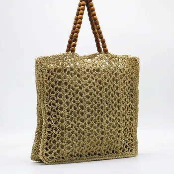Лятната Сламена чанта с дървена дръжка от мъниста, модни дамски чанта от куха слама, вязаная на една кука, ежедневни плажна чанта, голяма пазарска чанта