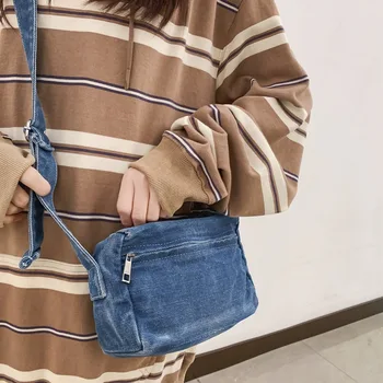 Модата на 90-те години, Y2K Denim, малък размер, чанта за смартфон, реколта текстилни тъкани, платнена торбичка, чанта през рамо, джоб