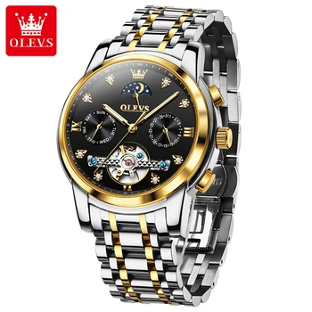 Мъжки часовник OLEVS, автоматични механични бизнес ръчни часовници, водоустойчиви часовници е от неръждаема стомана за мъже, календар с виртуален скелет 6678