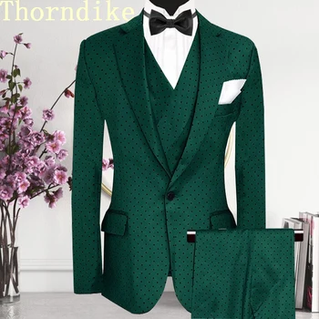Направен по поръчка на Тъмно-зелени Костюми на точки За мъже, комплект от 3 теми (яке + панталон + Елек), Casual Блейзър за Младоженеца, Смокинг на Поръчка За Мъже За сватба