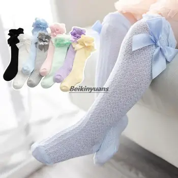 Нови летни детски чорапи, мрежести чорапи от комари за момичета, чорапи принцеса с голям лък отстрани