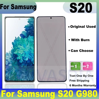 Оригинални LCD дисплей Burn за Samsung Galaxy S20, LCD дисплей с рамка G980 G980U, сензорен дисплей, дигитайзер, в събирането, подмяна на