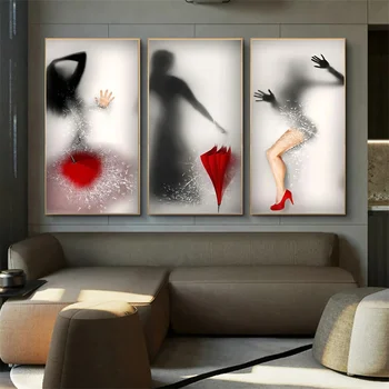 Отражение на сексуална стройна жена в малко стъкло, щампи върху платно, стенно изкуство, червен чадър, картината на високи токчета, начало декор на стените