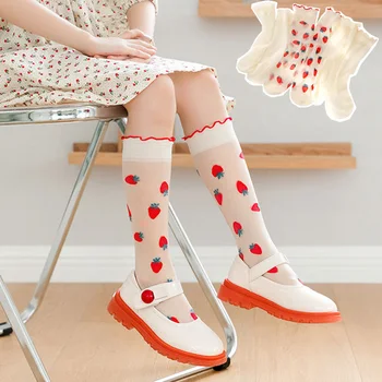 Прекрасни прозрачни чорапи с ягоди за малки момичета.Фините Детски чорапогащи принцеса до коляното за деца.Японски стил JK Sock Сокс