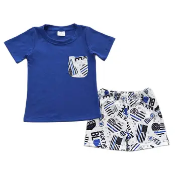 Продажба на едро, летен комплект с флага за малки момчета, детска синя памучен тениска с къси ръкави и джобове за деца, бутик за дрехи за деца