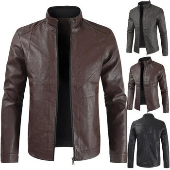 Пролет 2023, нова мъжко яке от изкуствена кожа, мъжки тънка корейската версия, тънка кожена куртка с висока яка, мъжки кожени палта