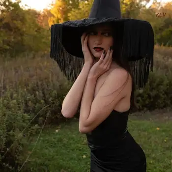 Реколта черна шапка вещица в сгъвката на Хелоуин с голяма периферия, дамска шапка за cosplay, вещици, празнична шапка, прическа