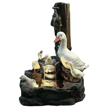 Семейството на патица патици от смола, фонтан за двор, градинска украса, статуя на животно от смола за външно озеленяване на градината A