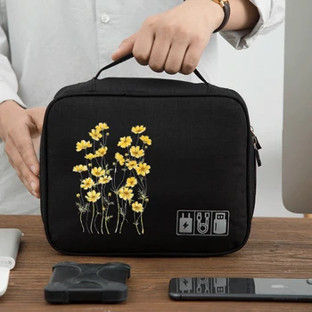 Чанта за кабел, преносим цифров USB органайзер, зарядно, кабели, цветя модел, чанта за багаж с цип, комплект, калъф, Аксесоари, Консумативи
