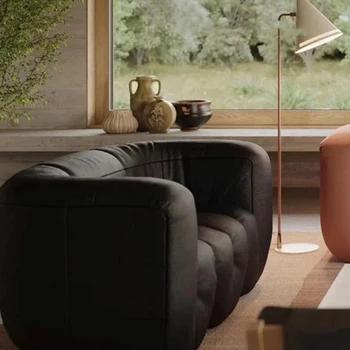 Черен Кожен диван за хол, водоустойчив U-образен дизайн на модул, Италиански диван Мързел Muebles Para Hogar, Мебели средата на века