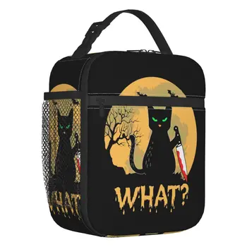 Черна котка, която, изолирани чанти за обяд за жени, изобличаващ коте с нож, преносим охладител, термобокс за Bento, училищни кутия