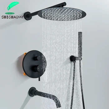 Черни смесители за душ Скрит кръгла душ система, 2/3-лентов смесител за душ, през цялата смесител за душ, комплект за душ с дъждовна дюза