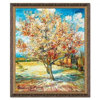 На праскова, цвят, картина на Винсент Ван Гог в рамка, пейзаж, изкуство и импресионизма, ръчно рисувани с маслени бои върху платно, декор фамилна стая